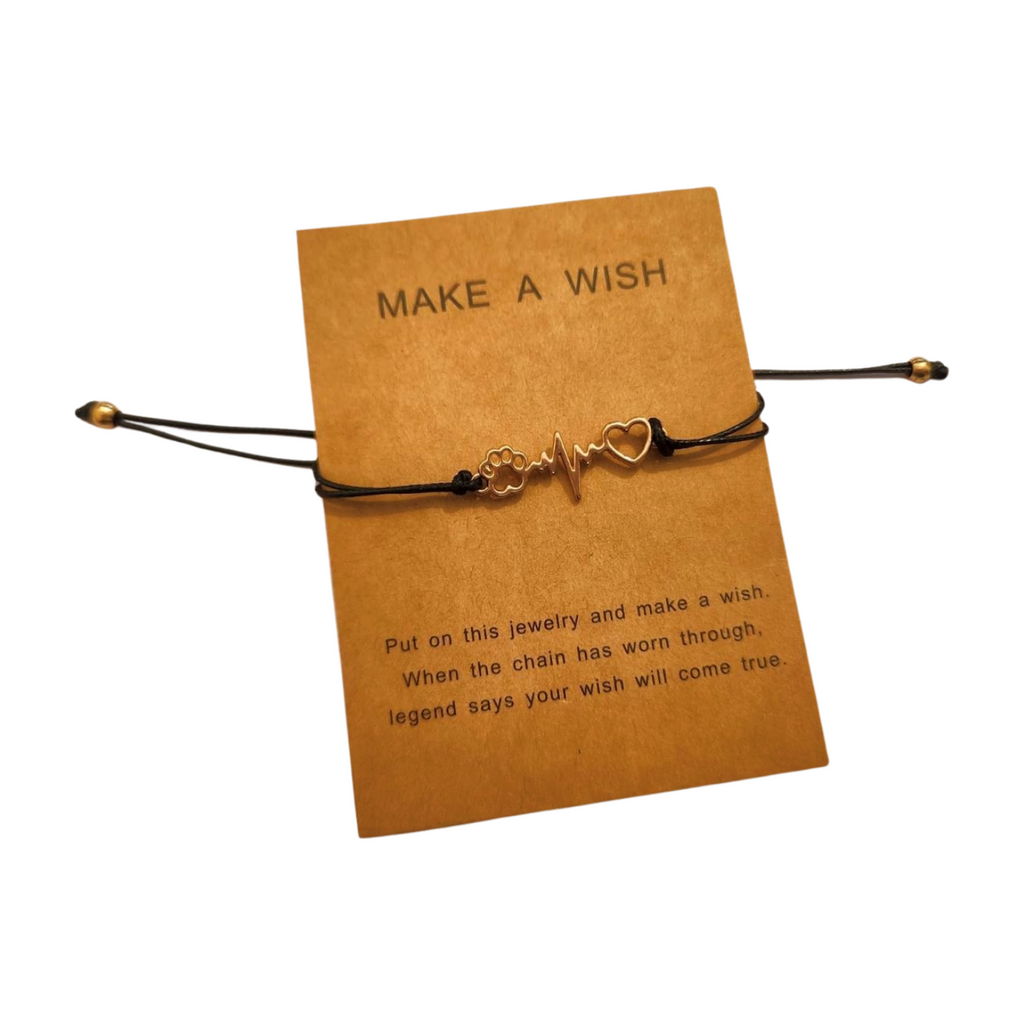 Black leather adjustable bracelet with gold heart, paw print and heartbeat charm