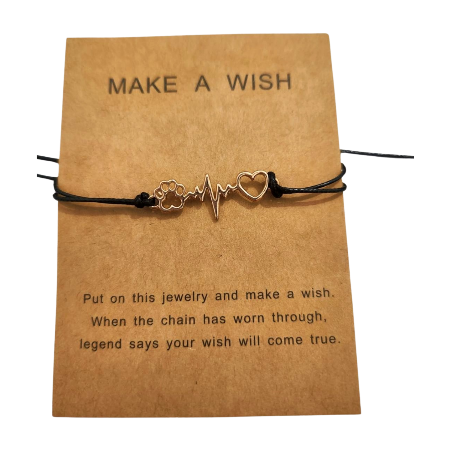 Black leather adjustable bracelet with gold heart, paw print and heartbeat charm