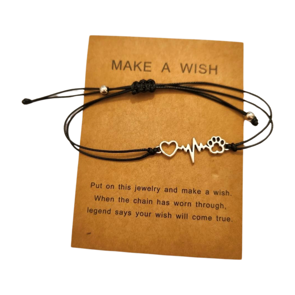 Black leather adjustable bracelet with silver heart, paw print and heartbeat charm