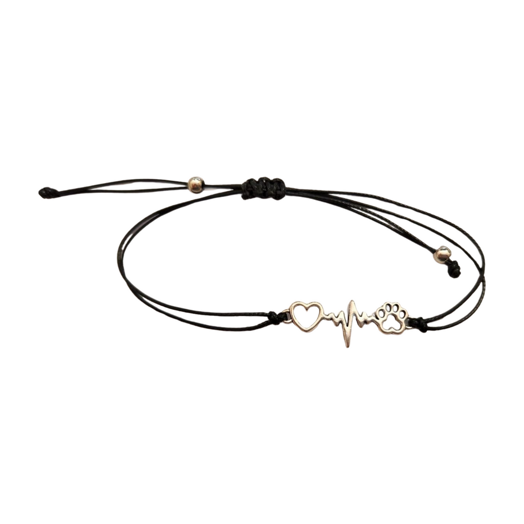 Black leather adjustable bracelet with silver heart, paw print and heartbeat charm