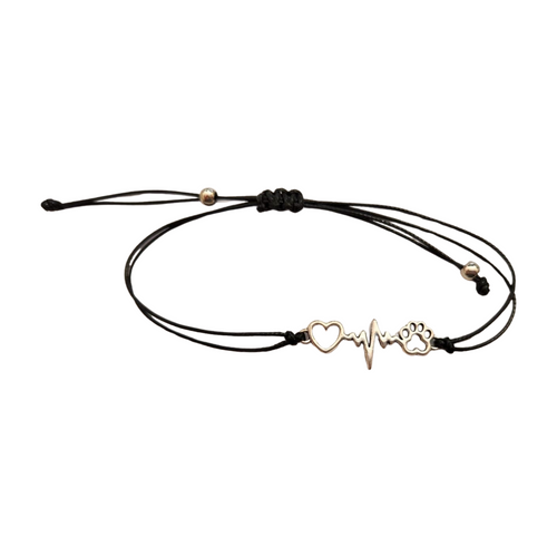 Black leather adjustable bracelet with silver heart, paw print and heartbeat charm