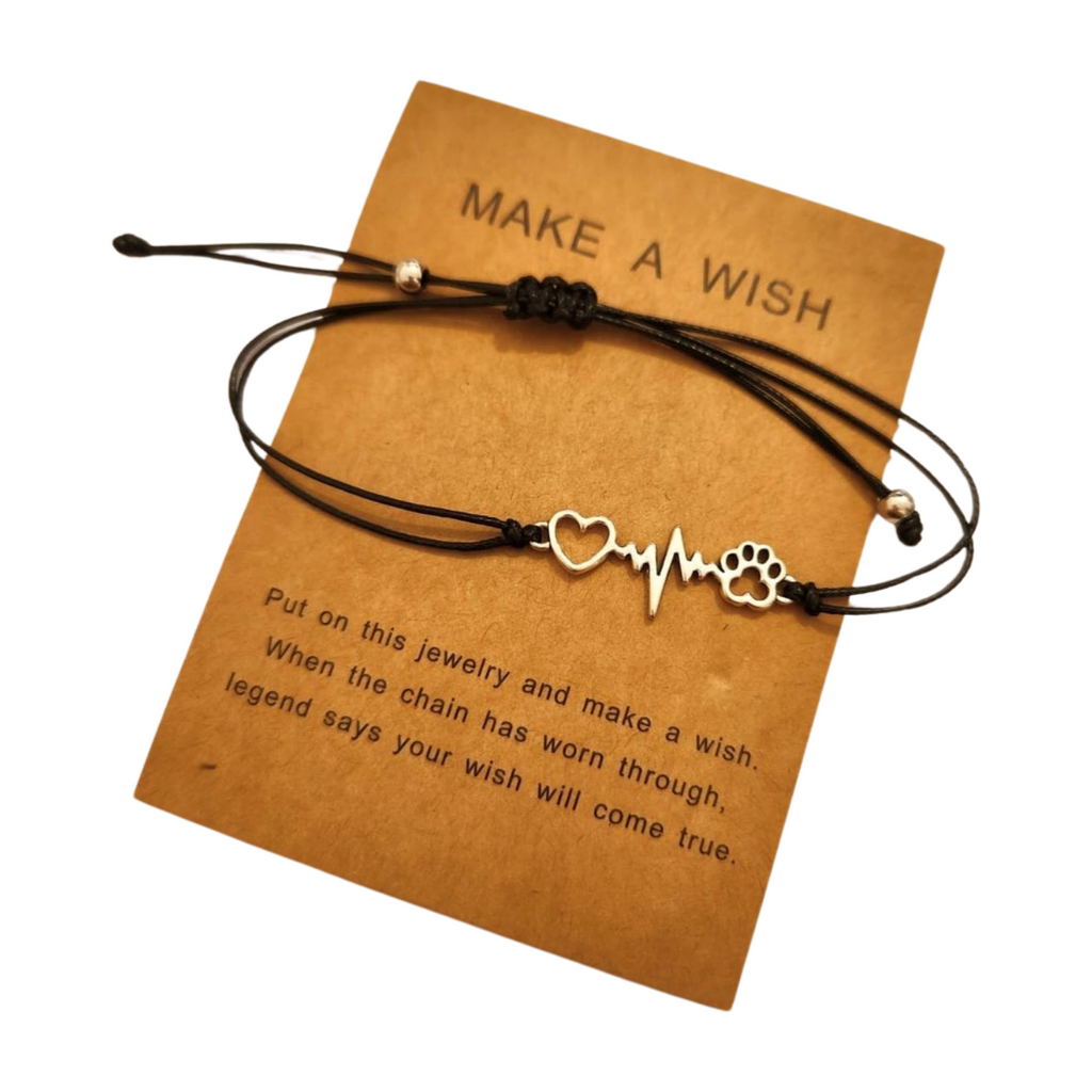 Black leather adjustable bracelet with silver heart, paw print and heartbeat charm