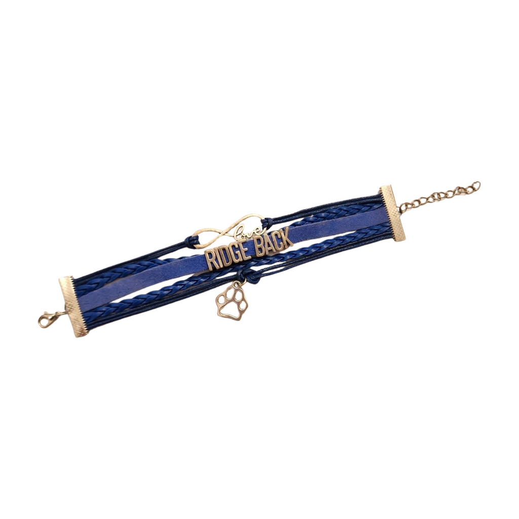 Blue multi strand leather bracelet with silver Ridgeback, paw and infinity charms