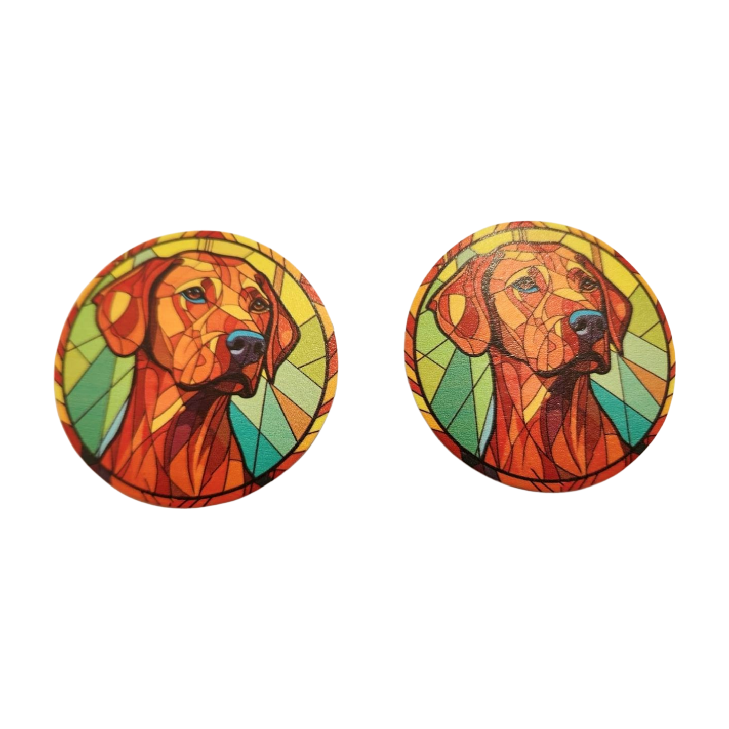 Pair of cup holder inserts with stained glass Ridgeback design, set of 2, showing colorful patterned ridgeback image in car cup holder