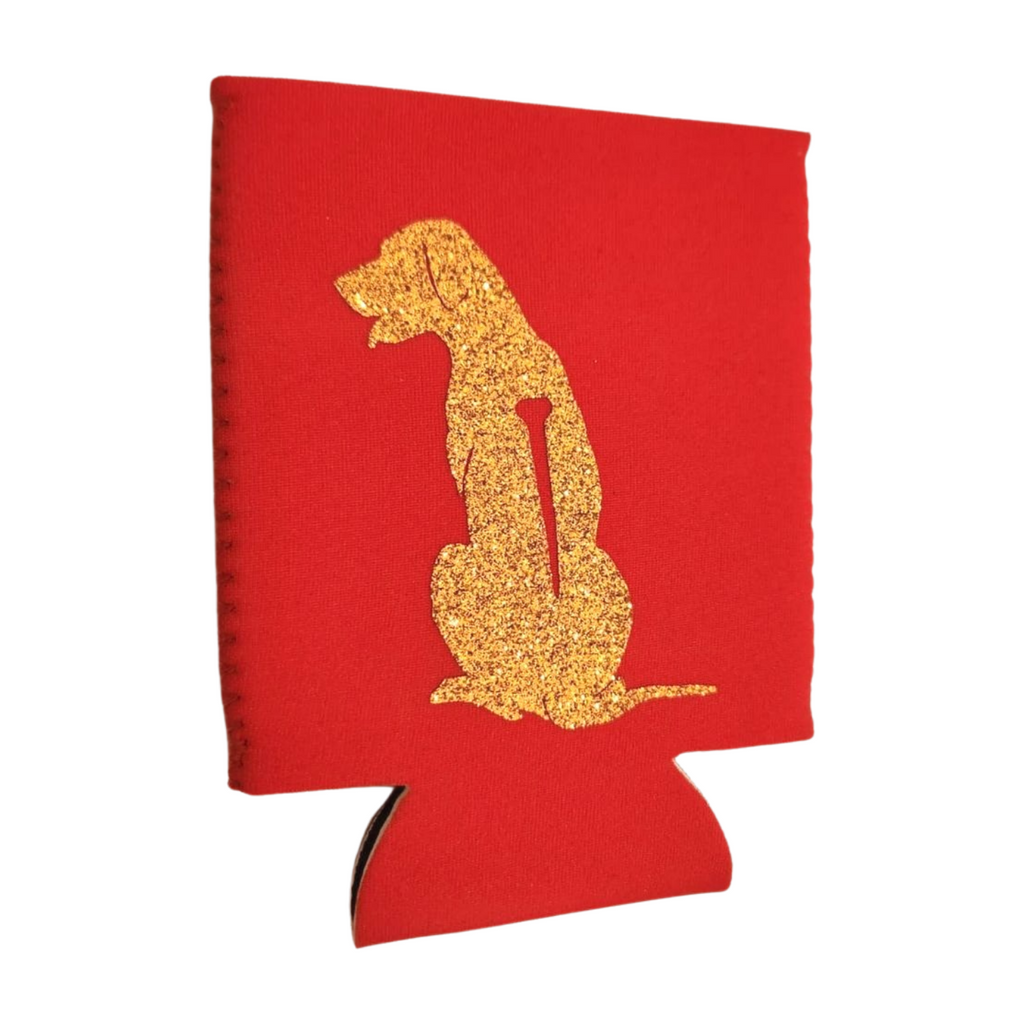 Red double sided Ridgeback stubby holder with gold embellishment, design one, side 1